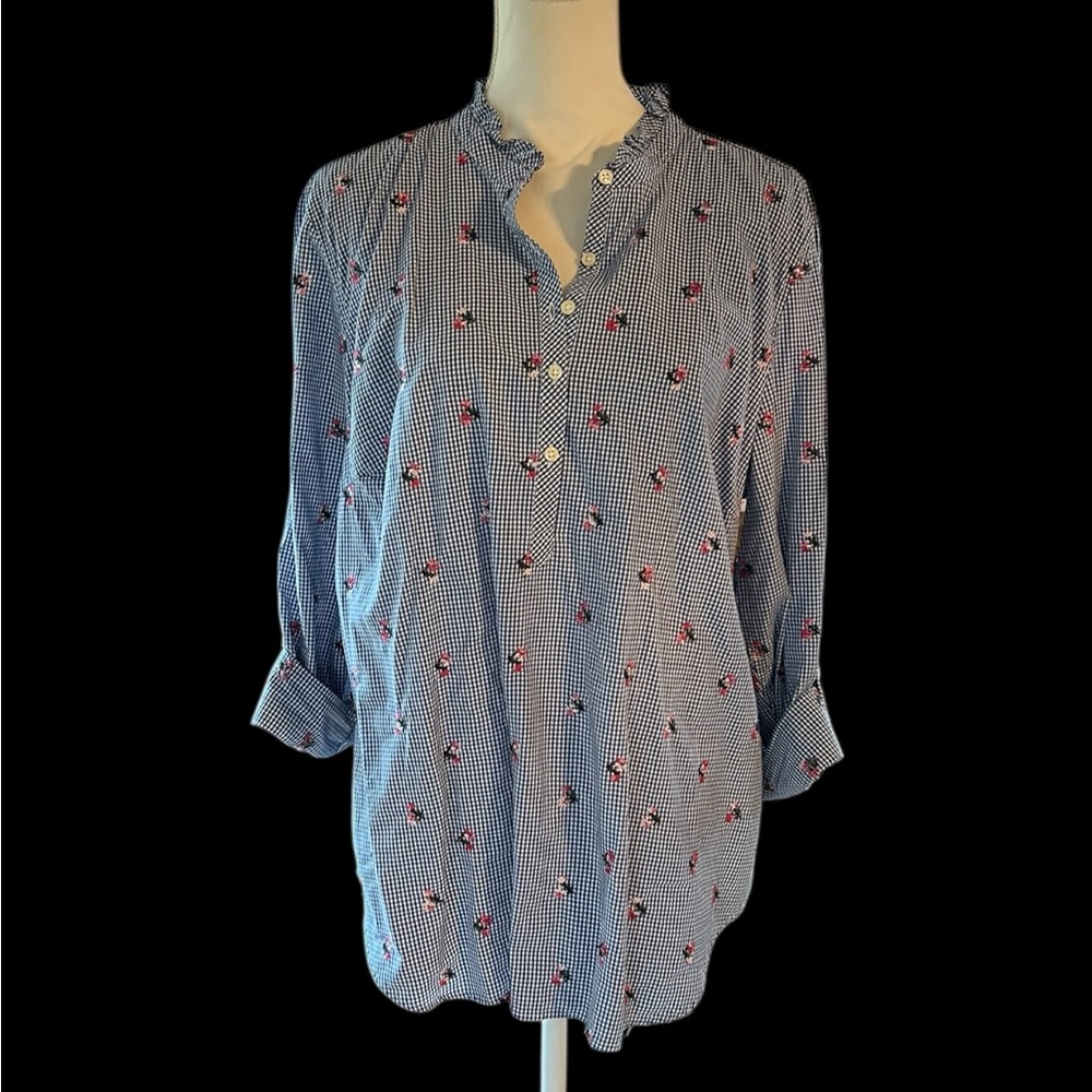 Talbots Blue Gingham Ruffle Henley Blouse with Red Floral Embroidery